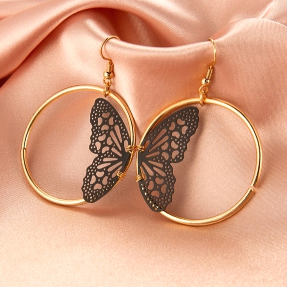🍁 3/$18 Black Butterfly Gold Hoop Fish Hook Earrings